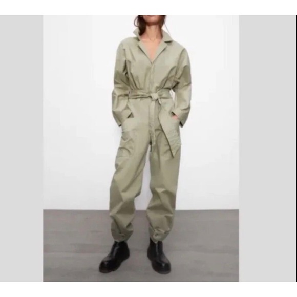 Zara Pants - ZARA Utility Jumpsuit Khaki Wide Leg Belted Button Detail Women's Size S